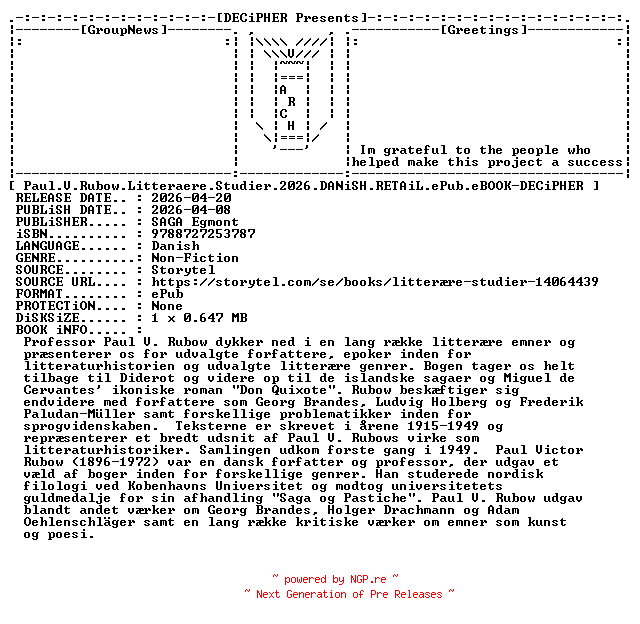 NFO for the release Paul.V.Rubow.Litteraere.Studier.2026.DANiSH.RETAiL.ePub.eBOOK-DECiPHER by DECiPHER