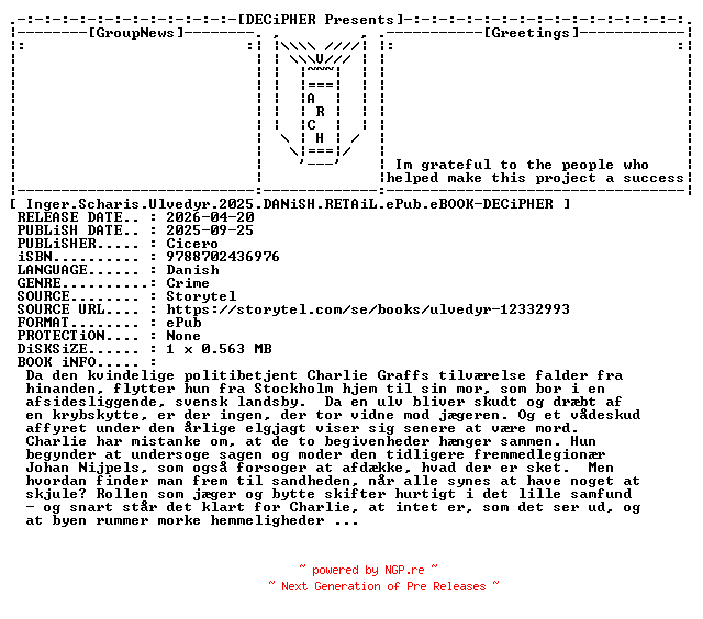 NFO for the release Inger.Scharis.Ulvedyr.2025.DANiSH.RETAiL.ePub.eBOOK-DECiPHER by DECiPHER