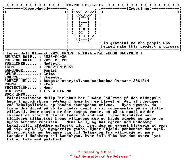 NFO for the release Inger.Wolf.Ulvenat.2026.DANiSH.RETAiL.ePub.eBOOK-DECiPHER by DECiPHER