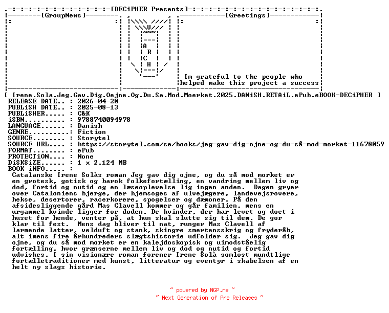 NFO for the release Irene.Sola.Jeg.Gav.Dig.Oejne.Og.Du.Sa.Mod.Moerket.2025.DANiSH.RETAiL.ePub.eBOOK-DECiPHER by DECiPHER
