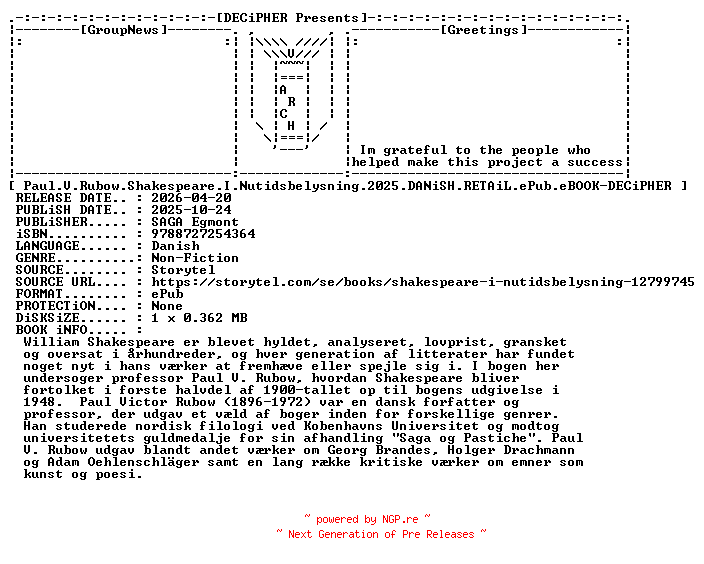 NFO for the release Paul.V.Rubow.Shakespeare.I.Nutidsbelysning.2025.DANiSH.RETAiL.ePub.eBOOK-DECiPHER by DECiPHER
