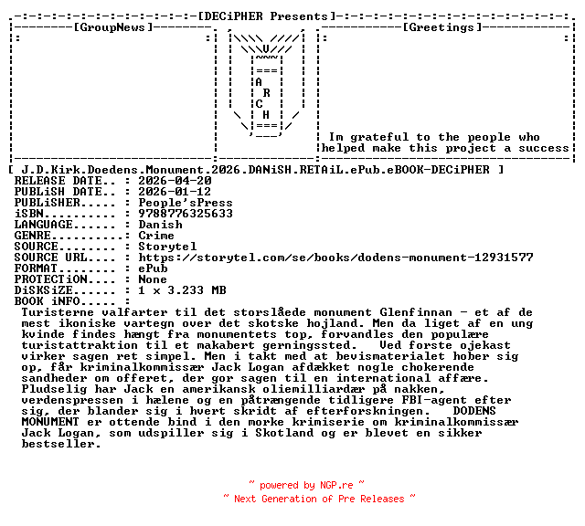NFO for the release J.D.Kirk.Doedens.Monument.2026.DANiSH.RETAiL.ePub.eBOOK-DECiPHER by DECiPHER