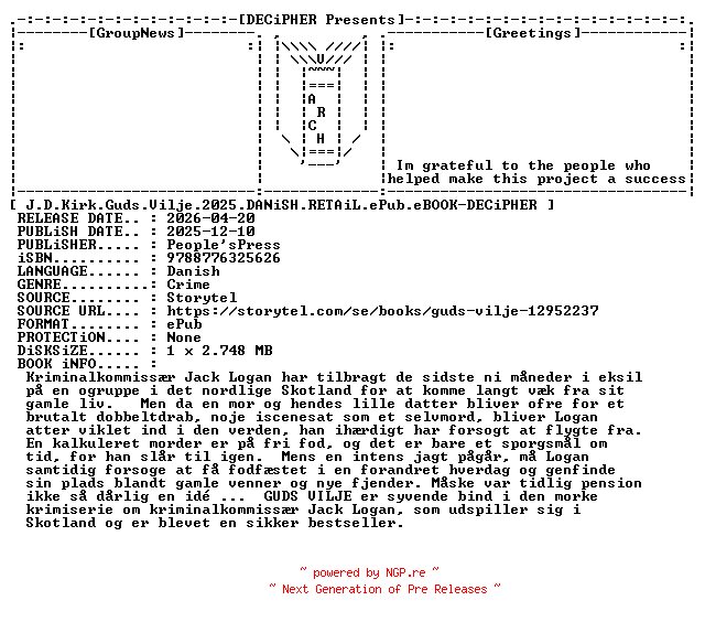 NFO for the release J.D.Kirk.Guds.Vilje.2025.DANiSH.RETAiL.ePub.eBOOK-DECiPHER by DECiPHER