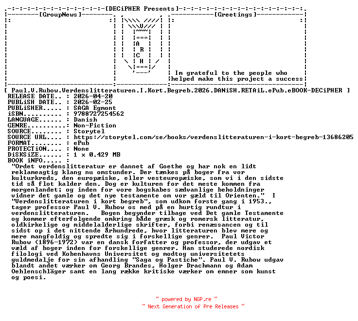 NFO for the release Paul.V.Rubow.Verdenslitteraturen.I.Kort.Begreb.2026.DANiSH.RETAiL.ePub.eBOOK-DECiPHER by DECiPHER