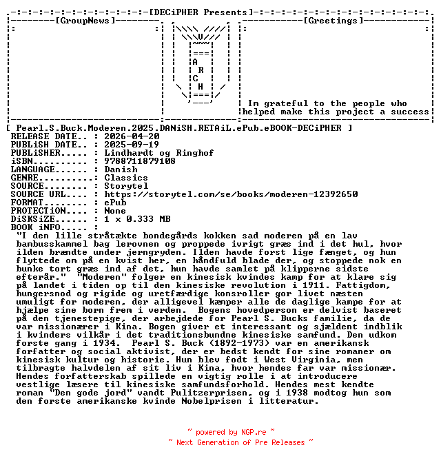 NFO for the release Pearl.S.Buck.Moderen.2025.DANiSH.RETAiL.ePub.eBOOK-DECiPHER by DECiPHER