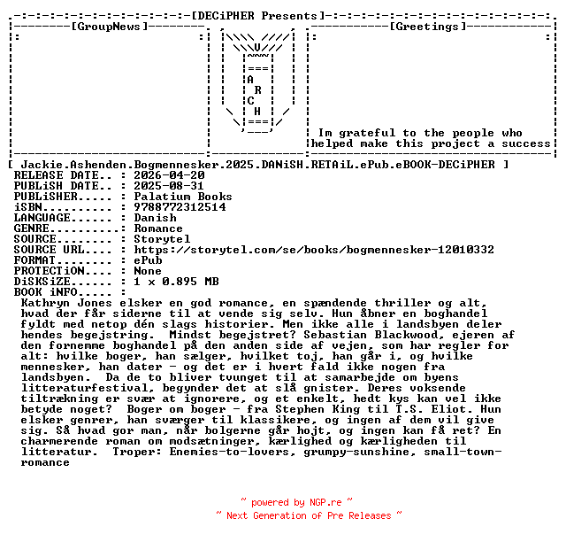 NFO for the release Jackie.Ashenden.Bogmennesker.2025.DANiSH.RETAiL.ePub.eBOOK-DECiPHER by DECiPHER