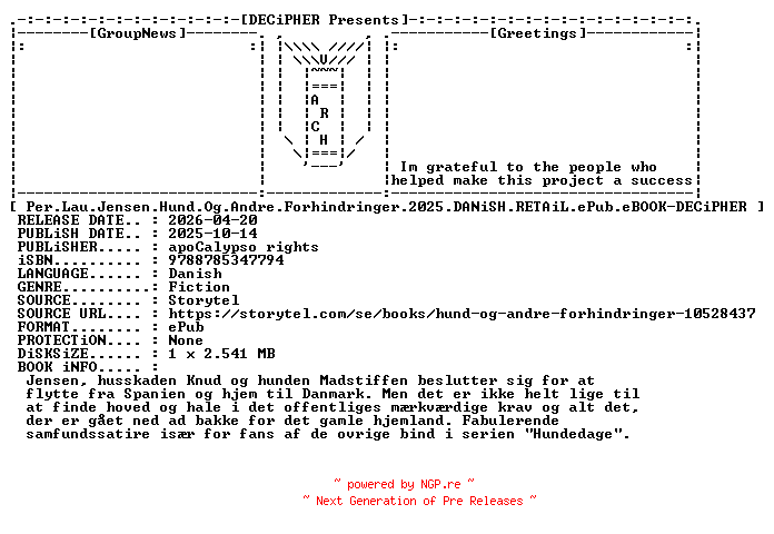 NFO for the release Per.Lau.Jensen.Hund.Og.Andre.Forhindringer.2025.DANiSH.RETAiL.ePub.eBOOK-DECiPHER by DECiPHER