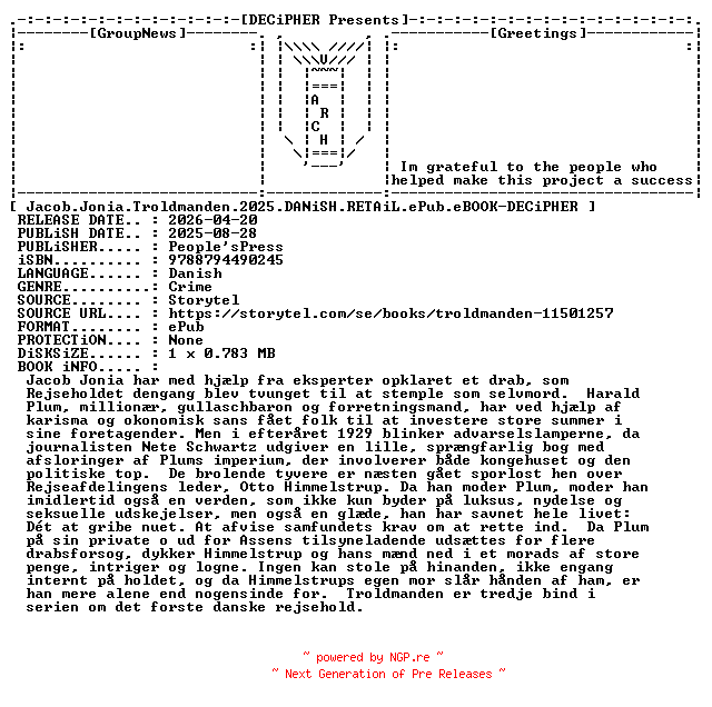 NFO for the release Jacob.Jonia.Troldmanden.2025.DANiSH.RETAiL.ePub.eBOOK-DECiPHER by DECiPHER
