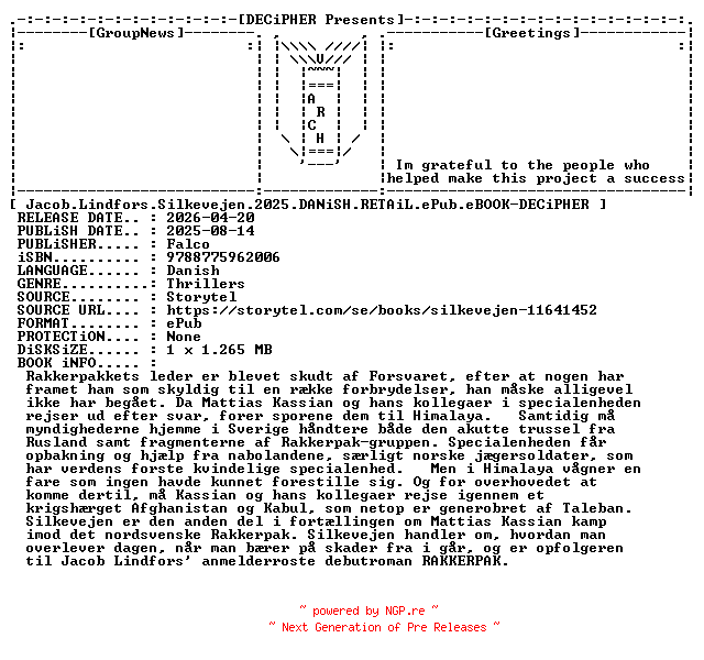 NFO for the release Jacob.Lindfors.Silkevejen.2025.DANiSH.RETAiL.ePub.eBOOK-DECiPHER by DECiPHER