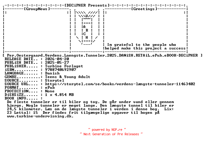 NFO for the release Per.Oestergaard.Verdens.Laengste.Tunneler.2025.DANiSH.RETAiL.ePub.eBOOK-DECiPHER by DECiPHER
