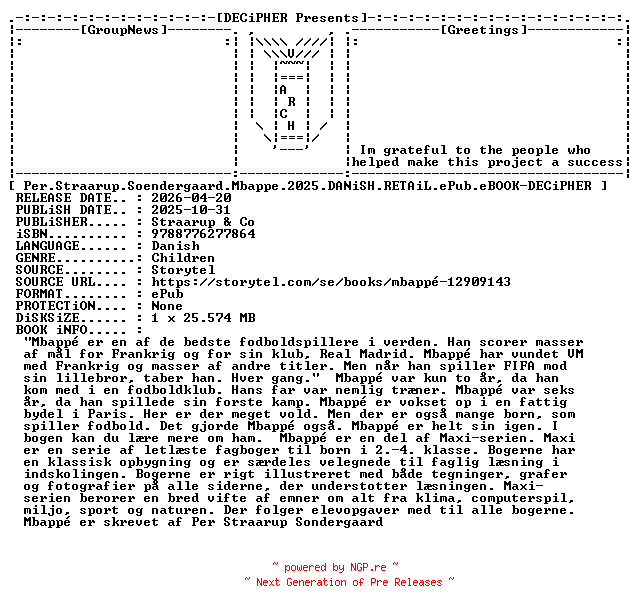 NFO for the release Per.Straarup.Soendergaard.Mbappe.2025.DANiSH.RETAiL.ePub.eBOOK-DECiPHER by DECiPHER