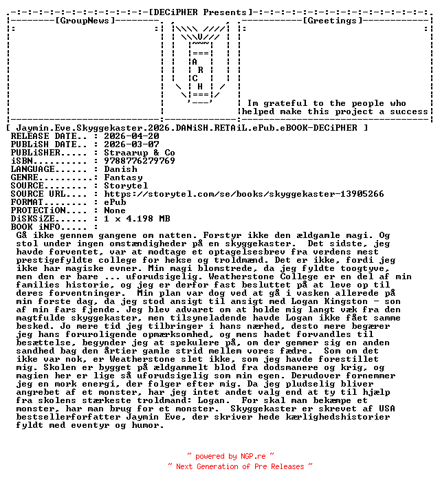 NFO for the release Jaymin.Eve.Skyggekaster.2026.DANiSH.RETAiL.ePub.eBOOK-DECiPHER by DECiPHER