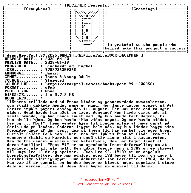 NFO for the release Jean.Ure.Pest.99.2025.DANiSH.RETAiL.ePub.eBOOK-DECiPHER by DECiPHER