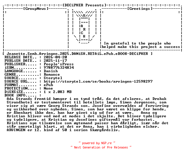 NFO for the release Jeanette.Semb.Arvingen.2025.DANiSH.RETAiL.ePub.eBOOK-DECiPHER by DECiPHER