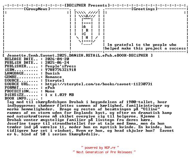 NFO for the release Jeanette.Semb.Savnet.2025.DANiSH.RETAiL.ePub.eBOOK-DECiPHER by DECiPHER