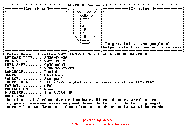 NFO for the release Peter.Bering.Insekter.2025.DANiSH.RETAiL.ePub.eBOOK-DECiPHER by DECiPHER