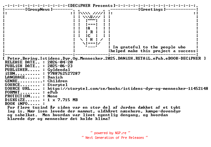 NFO for the release Peter.Bering.Istidens.Dyr.Og.Mennesker.2025.DANiSH.RETAiL.ePub.eBOOK-DECiPHER by DECiPHER