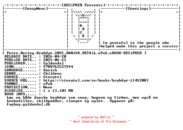 NFO for the release Peter.Bering.Krybdyr.2025.DANiSH.RETAiL.ePub.eBOOK-DECiPHER by DECiPHER