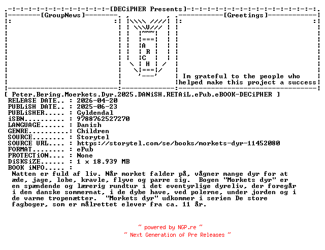 NFO for the release Peter.Bering.Moerkets.Dyr.2025.DANiSH.RETAiL.ePub.eBOOK-DECiPHER by DECiPHER
