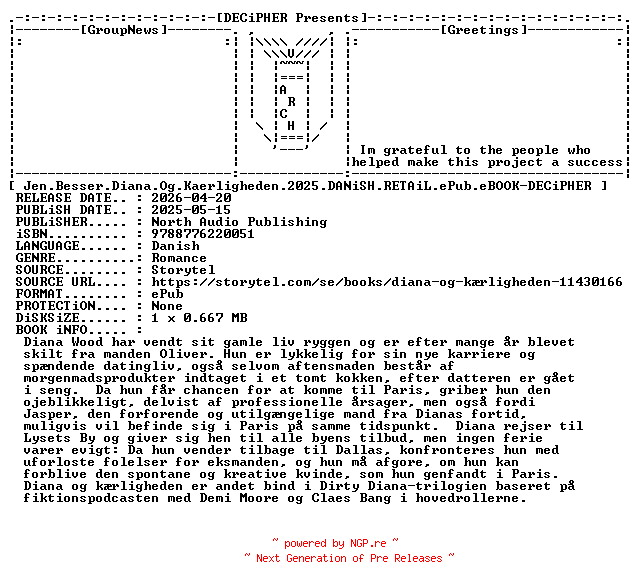 NFO for the release Jen.Besser.Diana.Og.Kaerligheden.2025.DANiSH.RETAiL.ePub.eBOOK-DECiPHER by DECiPHER
