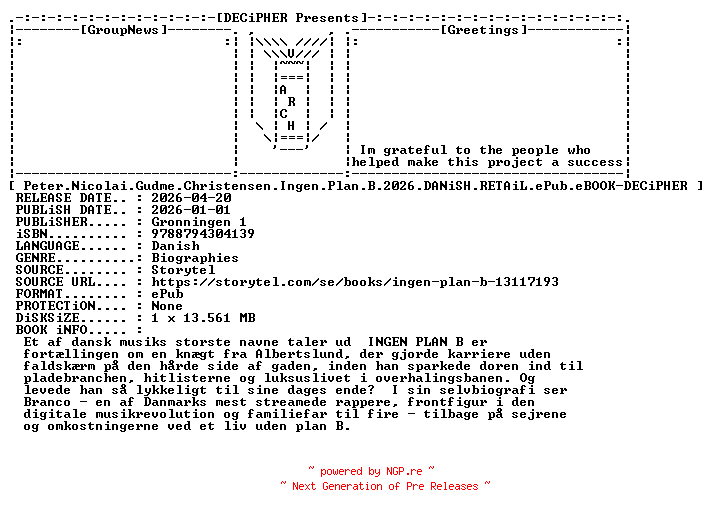 NFO for the release Peter.Nicolai.Gudme.Christensen.Ingen.Plan.B.2026.DANiSH.RETAiL.ePub.eBOOK-DECiPHER by DECiPHER
