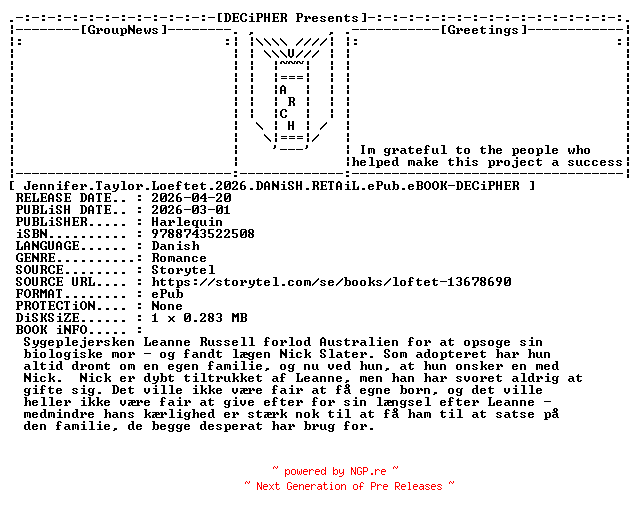 NFO for the release Jennifer.Taylor.Loeftet.2026.DANiSH.RETAiL.ePub.eBOOK-DECiPHER by DECiPHER