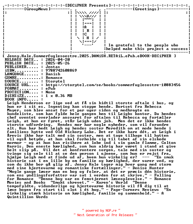 NFO for the release Jenny.Hale.Sommerfuglesoestre.2025.DANiSH.RETAiL.ePub.eBOOK-DECiPHER by DECiPHER