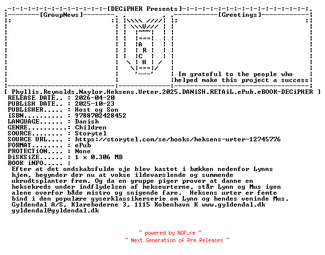 NFO for the release Phyllis.Reynolds.Naylor.Heksens.Urter.2025.DANiSH.RETAiL.ePub.eBOOK-DECiPHER by DECiPHER