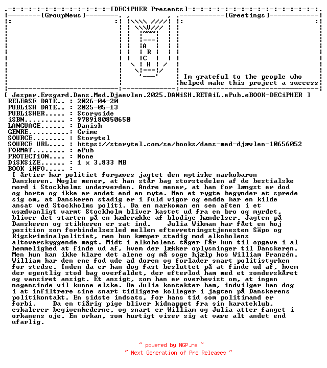 NFO for the release Jesper.Ersgard.Dans.Med.Djaevlen.2025.DANiSH.RETAiL.ePub.eBOOK-DECiPHER by DECiPHER