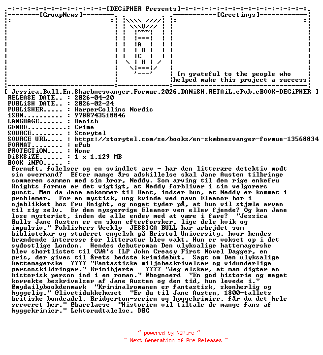 NFO for the release Jessica.Bull.En.Skaebnesvanger.Formue.2026.DANiSH.RETAiL.ePub.eBOOK-DECiPHER by DECiPHER