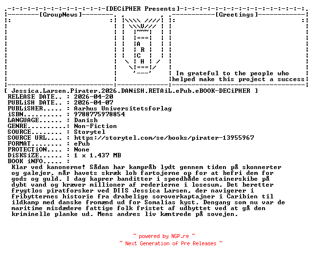 NFO for the release Jessica.Larsen.Pirater.2026.DANiSH.RETAiL.ePub.eBOOK-DECiPHER by DECiPHER