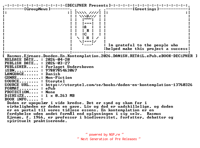 NFO for the release Rasmus.Ejrnaes.Doeden.En.Kontemplation.2026.DANiSH.RETAiL.ePub.eBOOK-DECiPHER by DECiPHER