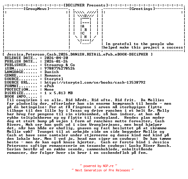 NFO for the release Jessica.Peterson.Cash.2026.DANiSH.RETAiL.ePub.eBOOK-DECiPHER by DECiPHER