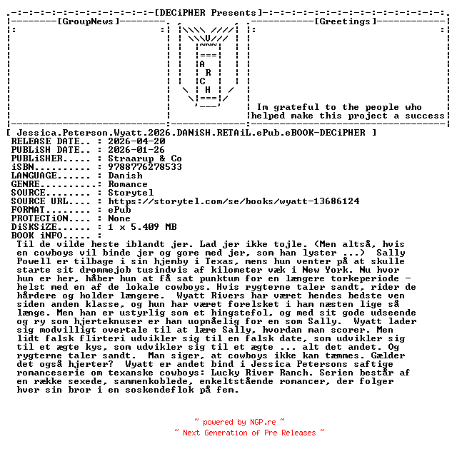 NFO for the release Jessica.Peterson.Wyatt.2026.DANiSH.RETAiL.ePub.eBOOK-DECiPHER by DECiPHER