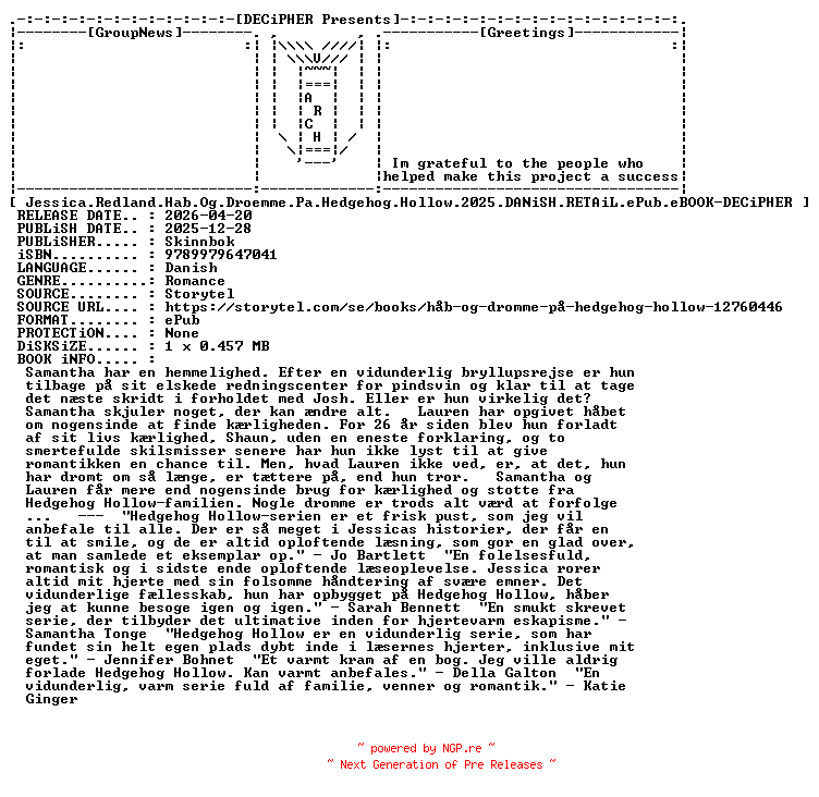 NFO for the release Jessica.Redland.Hab.Og.Droemme.Pa.Hedgehog.Hollow.2025.DANiSH.RETAiL.ePub.eBOOK-DECiPHER by DECiPHER