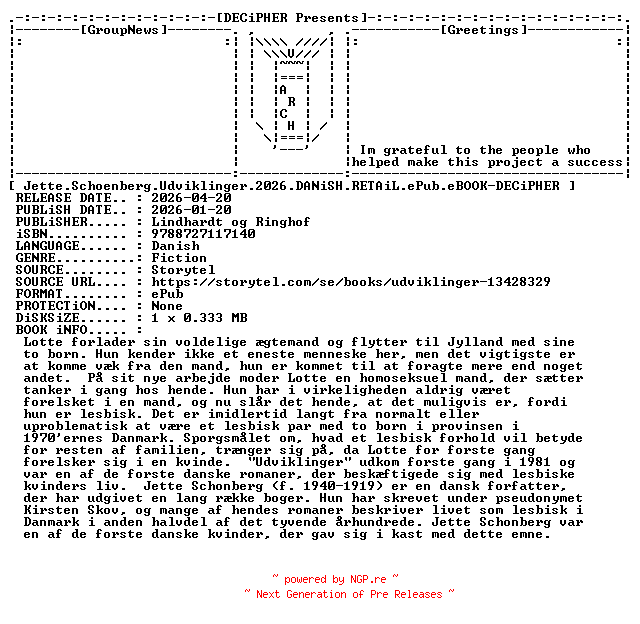 NFO for the release Jette.Schoenberg.Udviklinger.2026.DANiSH.RETAiL.ePub.eBOOK-DECiPHER by DECiPHER