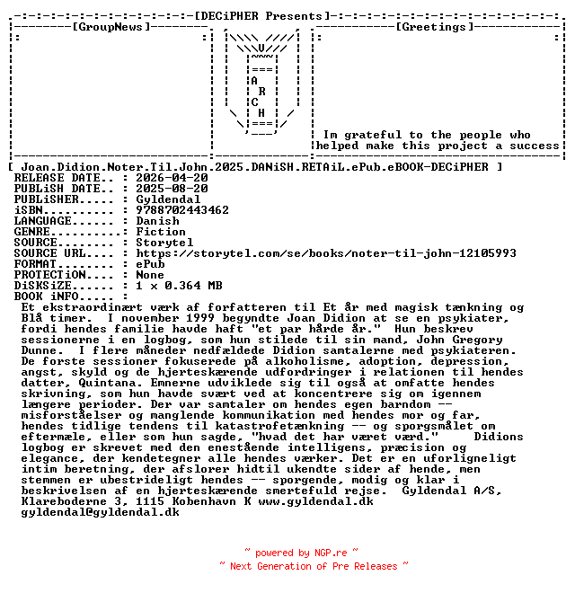 NFO for the release Joan.Didion.Noter.Til.John.2025.DANiSH.RETAiL.ePub.eBOOK-DECiPHER by DECiPHER