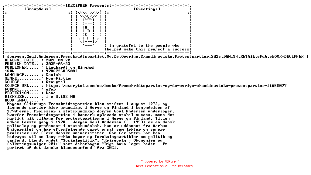 NFO for the release Joergen.Goul.Andersen.Fremskridtspartiet.Og.De.Oevrige.Skandinaviske.Protestpartier.2025.DANiSH.RETAiL.ePub.eBOOK-DECiPHER by DECiPHER