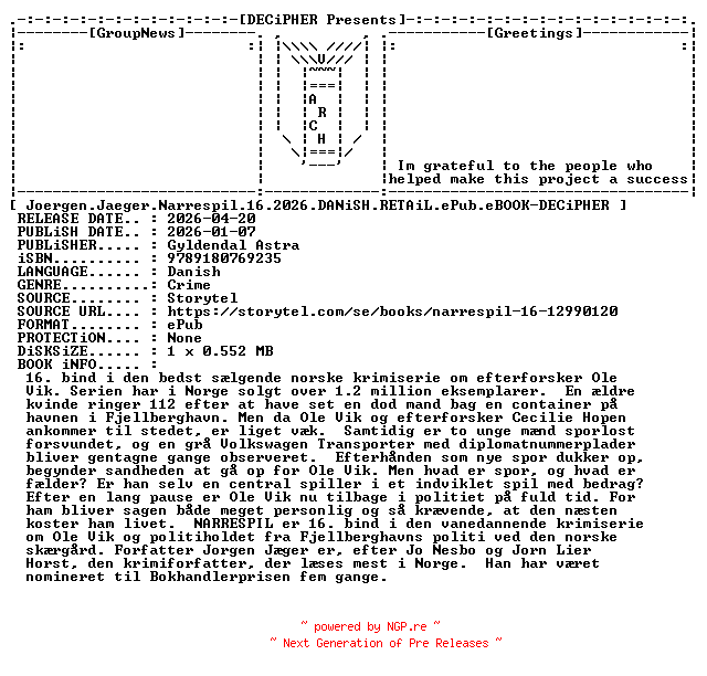 NFO for the release Joergen.Jaeger.Narrespil.16.2026.DANiSH.RETAiL.ePub.eBOOK-DECiPHER by DECiPHER