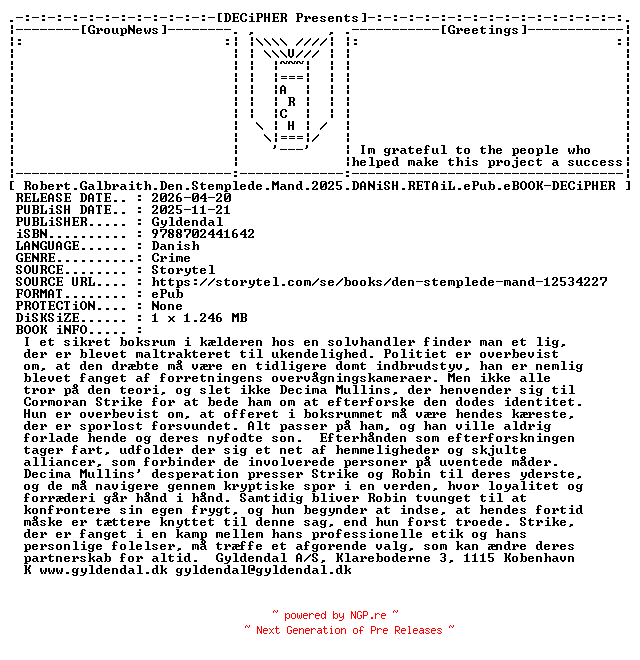 NFO for the release Robert.Galbraith.Den.Stemplede.Mand.2025.DANiSH.RETAiL.ePub.eBOOK-DECiPHER by DECiPHER
