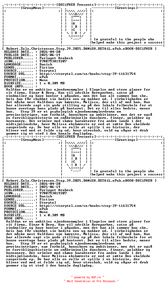 NFO for the release Robert.Zola.Christensen.Stop.39.2025.DANiSH.RETAiL.ePub.eBOOK-DECiPHER by DECiPHER