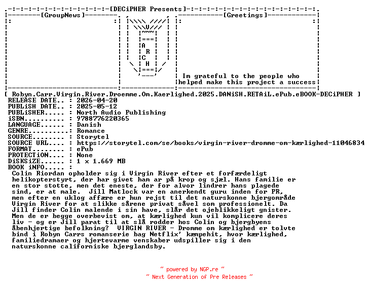 NFO for the release Robyn.Carr.Virgin.River.Droemme.Om.Kaerlighed.2025.DANiSH.RETAiL.ePub.eBOOK-DECiPHER by DECiPHER