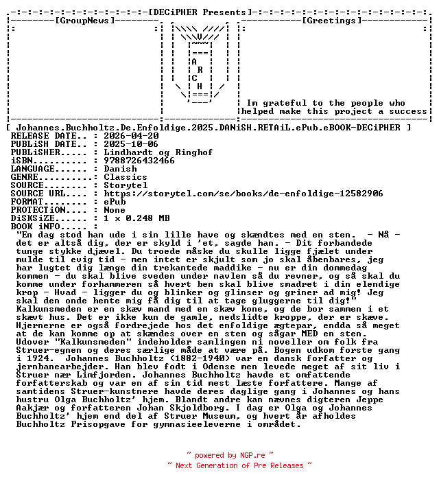 NFO for the release Johannes.Buchholtz.De.Enfoldige.2025.DANiSH.RETAiL.ePub.eBOOK-DECiPHER by DECiPHER