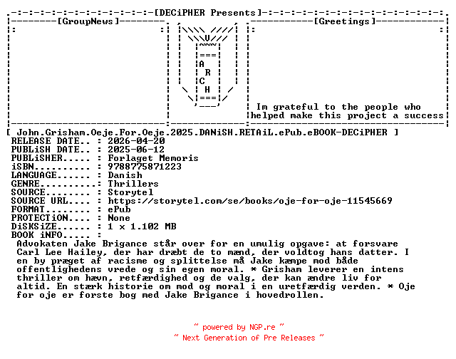 NFO for the release John.Grisham.Oeje.For.Oeje.2025.DANiSH.RETAiL.ePub.eBOOK-DECiPHER by DECiPHER