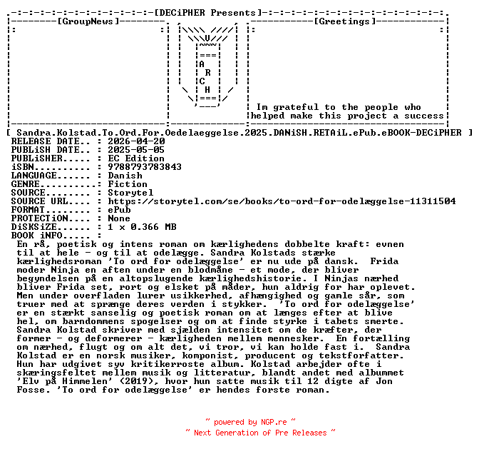 NFO for the release Sandra.Kolstad.To.Ord.For.Oedelaeggelse.2025.DANiSH.RETAiL.ePub.eBOOK-DECiPHER by DECiPHER