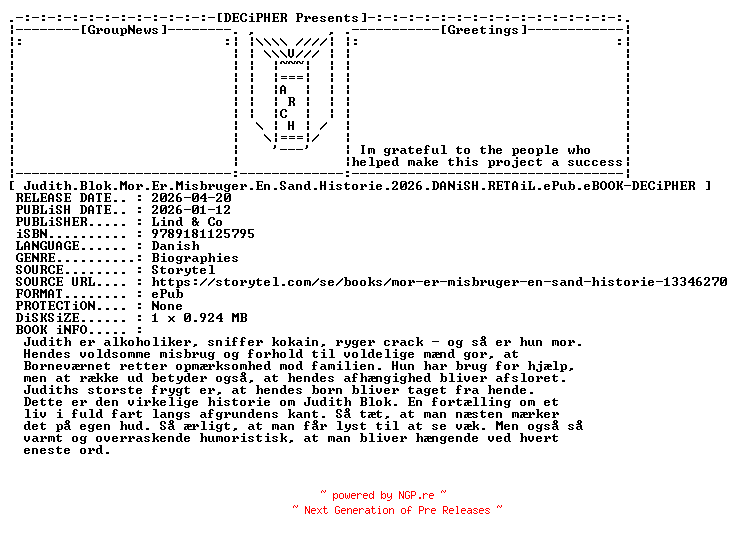 NFO for the release Judith.Blok.Mor.Er.Misbruger.En.Sand.Historie.2026.DANiSH.RETAiL.ePub.eBOOK-DECiPHER by DECiPHER