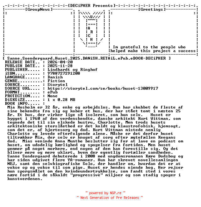NFO for the release Sanne.Soendergaard.Huset.2025.DANiSH.RETAiL.ePub.eBOOK-DECiPHER by DECiPHER