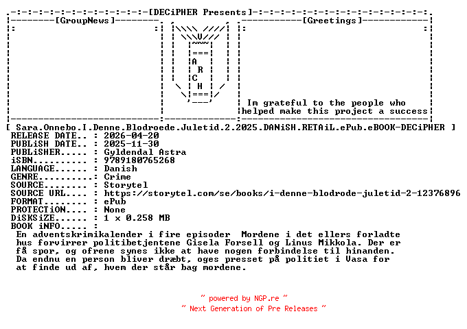 NFO for the release Sara.Onnebo.I.Denne.Blodroede.Juletid.2.2025.DANiSH.RETAiL.ePub.eBOOK-DECiPHER by DECiPHER