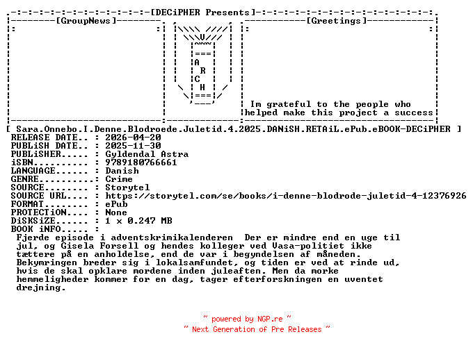 NFO for the release Sara.Onnebo.I.Denne.Blodroede.Juletid.4.2025.DANiSH.RETAiL.ePub.eBOOK-DECiPHER by DECiPHER