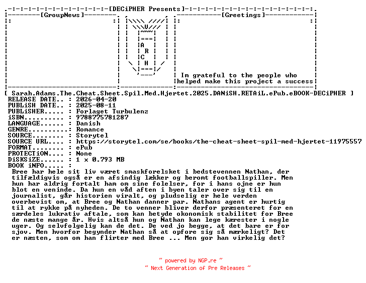 NFO for the release Sarah.Adams.The.Cheat.Sheet.Spil.Med.Hjertet.2025.DANiSH.RETAiL.ePub.eBOOK-DECiPHER by DECiPHER